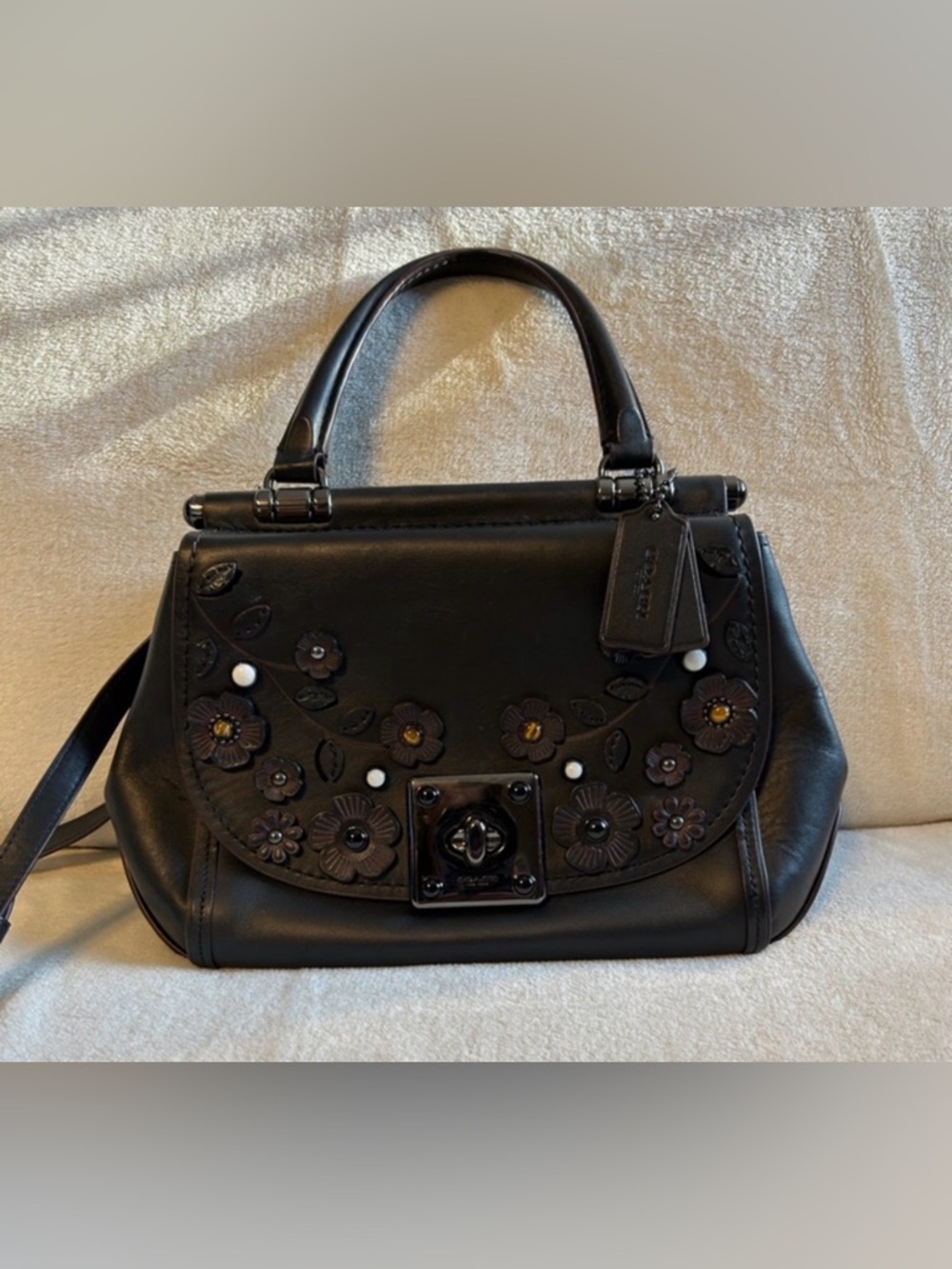 Coach Black Leather Drifter Willow 54079 Floral Appliqué Satchel - Picture 2 of 12